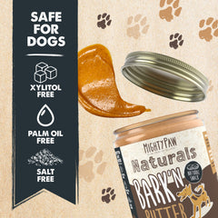 Mighty Paw Bark'n Butter front label close-up shows USA-made single-ingredient peanut butter