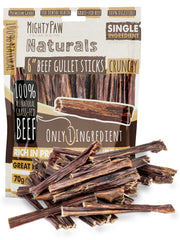 Mighty Paw beef gullet sticks front pack view for bulk dog chews.
