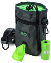 Mighty Paw dog treat bag drawstring closure shows hands-free carry during runs