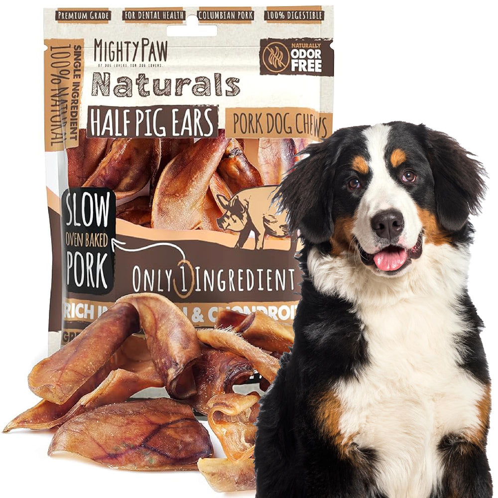 Mighty Paw Half Pig Ears pack-12 image shows bulk package for dogs with long-lasting chewing