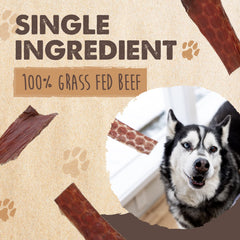 Mighty Paw Naturals beef gullet jerky closeup, showcasing lean texture ideal for small bites.