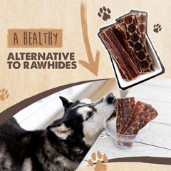 Mighty Paw Naturals beef gullet jerky dog eating, shows paw-friendly treats during playtime.