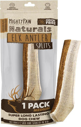 Mighty Paw Naturals split elk antler chew close-up shows rugged texture for aggressive chewers