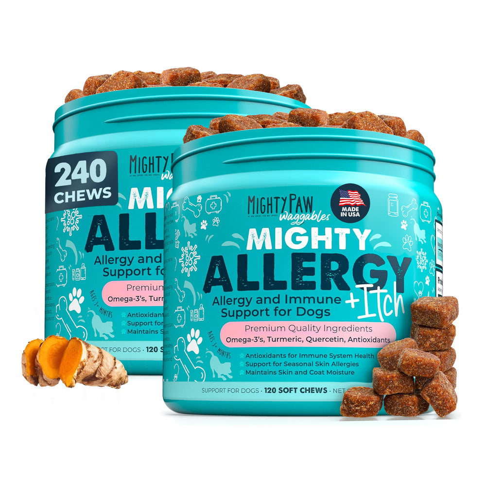 Mighty Paw Waggables 2-pack box showing bacon-flavored allergy-immune chews for dogs