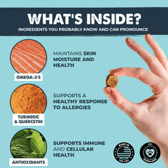 Mighty Paw Waggables bacon-flavored chews with omega-3s shown in serving portion for skin and coat support
