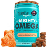 Mighty Paw Mighty Omega bottle shows USA-made soft chews supporting healthy skin and coat.