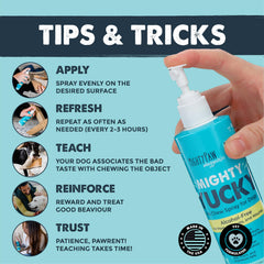 Mighty Paw Waggables no-chew spray dispense demonstrates easy application.