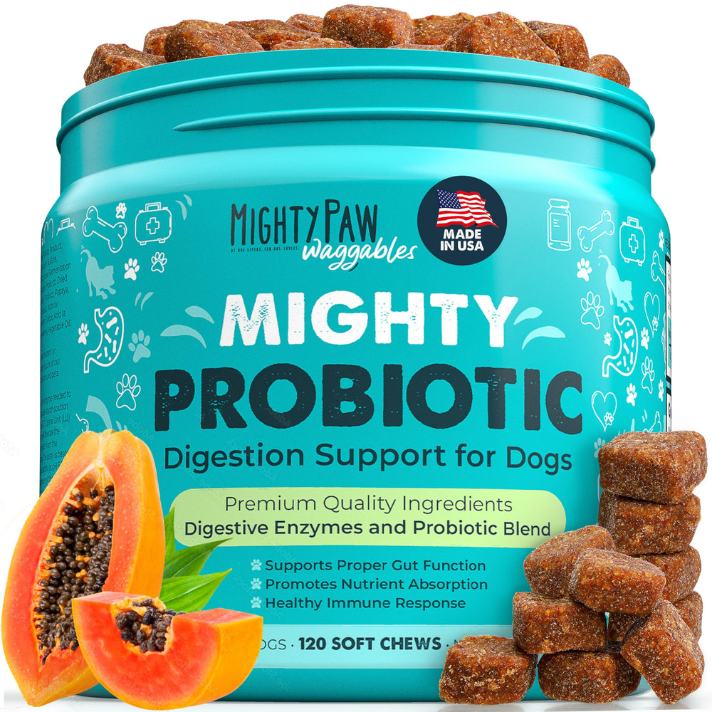 Mighty Paw Waggables bottle label shows dog probiotic chews for digestive support.