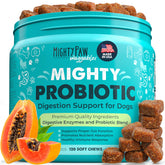 Mighty Paw Waggables bottle label shows dog probiotic chews for digestive support.