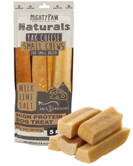 Mighty Paw Yak Cheese Chews in a dog bowl, an odorless, convenient snack.