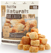 Mighty Paw Yak Cheese Puffs packaging: 12 oz bag for on-the-go training rewards