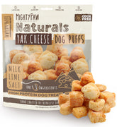 Mighty Paw Yak Cheese Puffs packaging highlights all-natural ingredients for dogs.