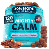 Mighty Paw Calming Chews bottle label for dog melatonin support during stress