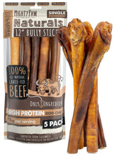 Mighty Paw Naturals Bully Sticks packaging highlights all-natural beef, ideal for long-lasting chews.