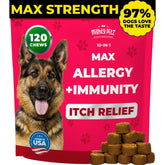 Mighty Petz MAX dog allergy relief chews bottle featuring bacon flavor supports itchy skin.