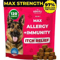 Mighty Petz MAX dog allergy relief chews bottle featuring bacon flavor supports itchy skin.
