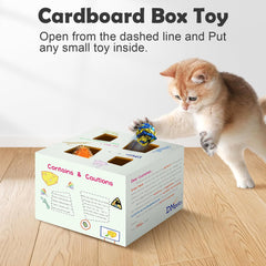 Migipaws Cardboard box play with holes for pawing and toy access.