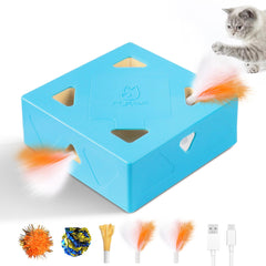 Migipaws MigiBox feather pops from top holes to engage hunting instincts during play