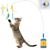 Migipaws teaser wand on blue floor showing strong suction for hands-free interactive play