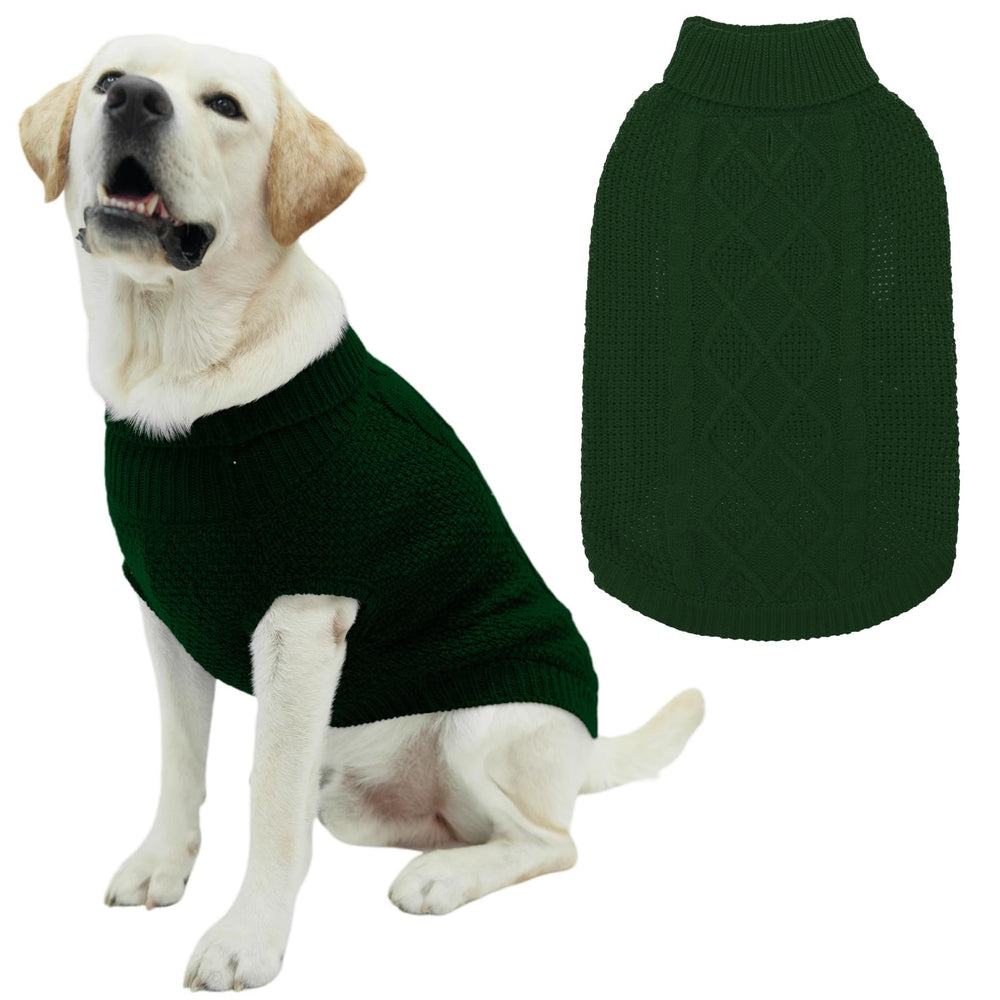 Mihachi turtleneck dog sweater army green large front view highlights warmth and stylish cable knit