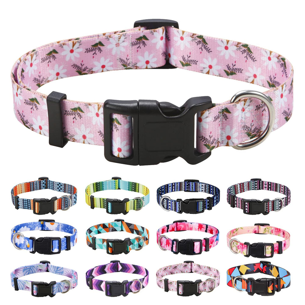 Mihqy dog collar Bohemia pattern close-up highlighting vibrant pink-white floral geometry