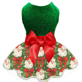 Miiemiu Christmas Dog Dress showcases a shiny green top for festive photos and cozy comfort.