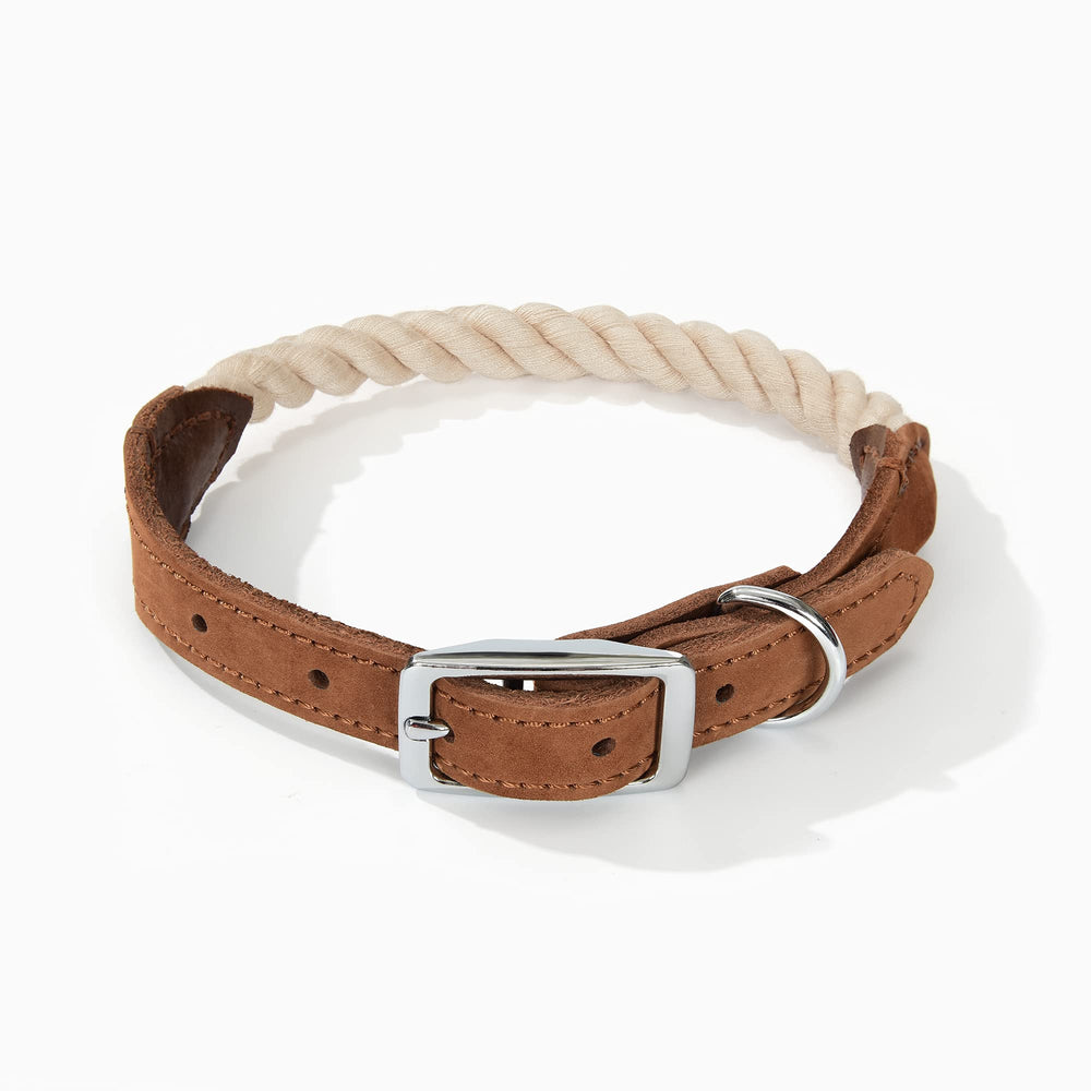Mile High Life rope dog collar beige leather trim closeup for everyday stylish wear.