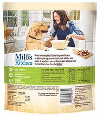 Milo's Kitchen beef sausage slices with rice dog enjoying treat after walk
