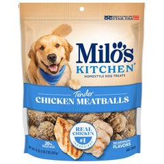 Milo's Kitchen Chicken Meatballs bag front shows real chicken as first ingredient.