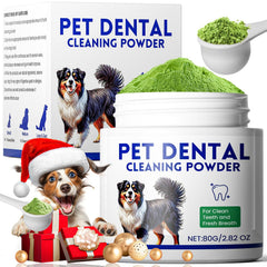 Mimo Style dog dental powder tub label highlights tartar-fighting formula for healthier teeth.