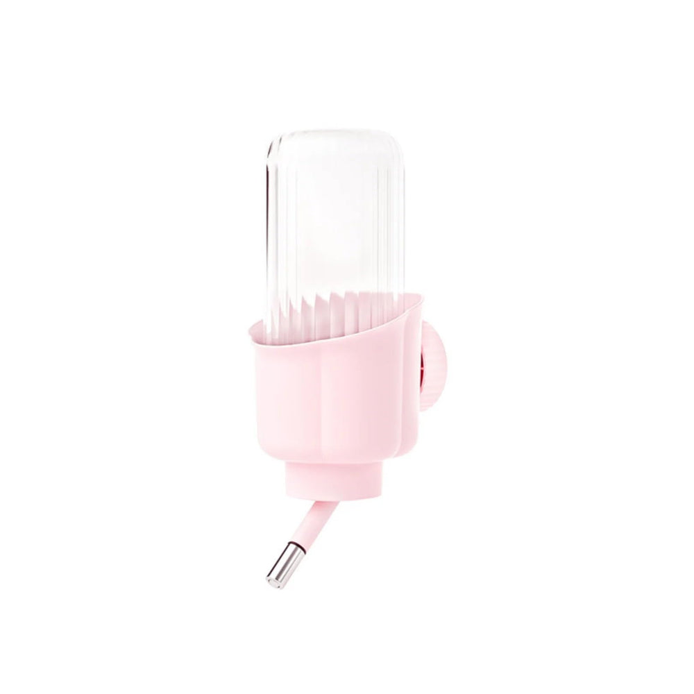 mini&moe pink pet water bottle with 360° nozzle inside cage for no-drip hydration.