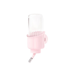 mini&moe pink pet water bottle with 360° nozzle inside cage for no-drip hydration.