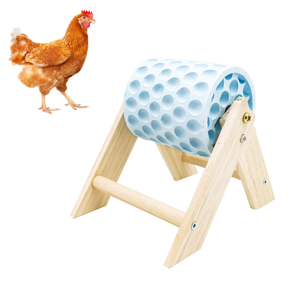 MinrzPet beak grinding stone on wooden stand promotes natural beak care for poultry at the coop.