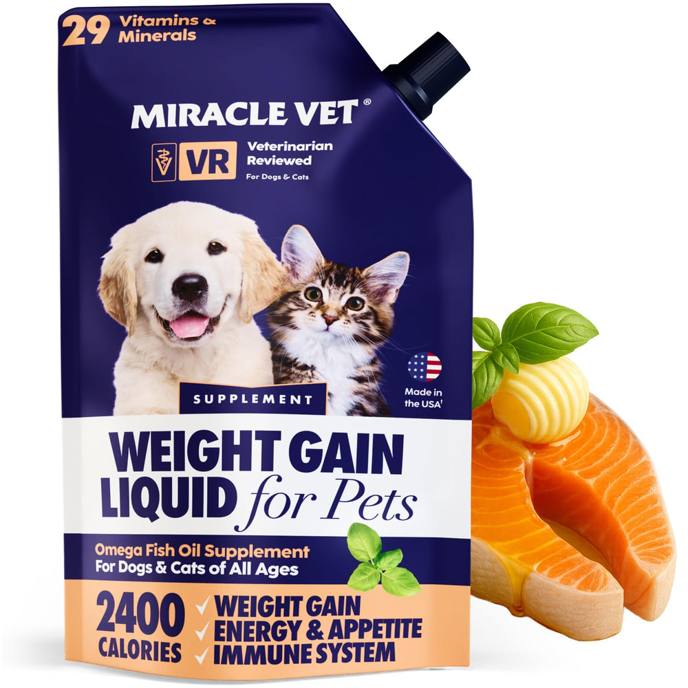 Miracle Vet weight gainer packaging highlights a high-calorie formula for pet nourishment