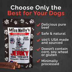 Miss Nelly's beef jerky dog treats bag shows slow-smoked flavor ideal for flavorful daily snacks.
