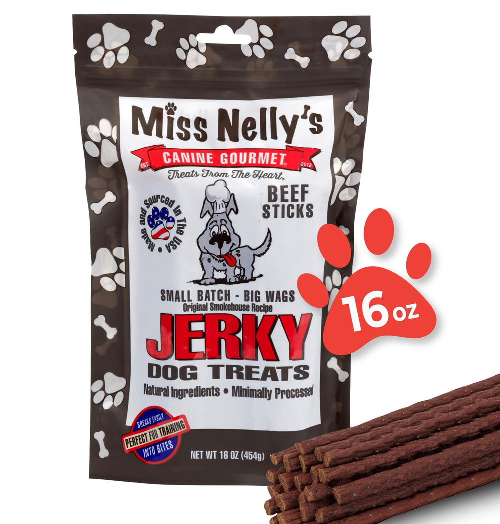 Miss Nelly's beef jerky dog treats pack shot highlighting USA-made recipe for training rewards.