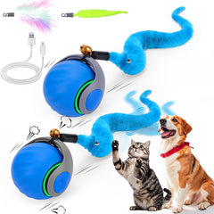 Mity Rain interactive cat toy ball with feather tails rolling action for indoor enrichment.
