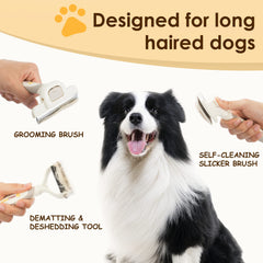 MIU PET 3-in-1 grooming set closeup bristles for detangling and deshedding.