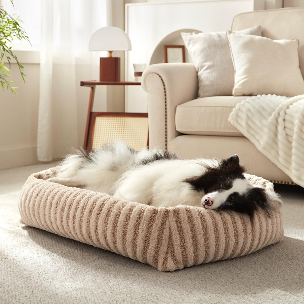 MIXJOY dog bed medium on living room floor, cozy plush faux fur for nap-ready comfort.