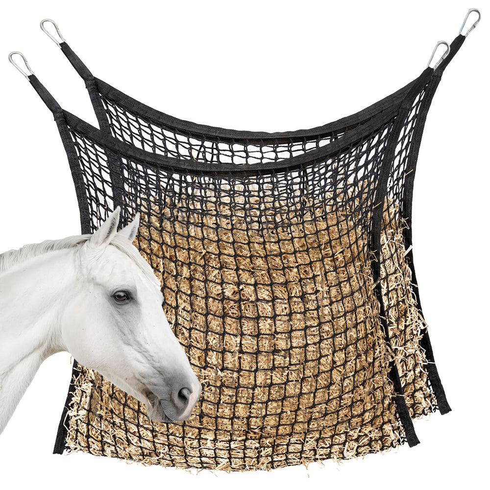 MKO SHUN slow-feed hay net hanging in stall showing quick top loading opening