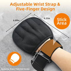 MMGOPET five-finger grooming glove close-up for reaching corners and tight spots.