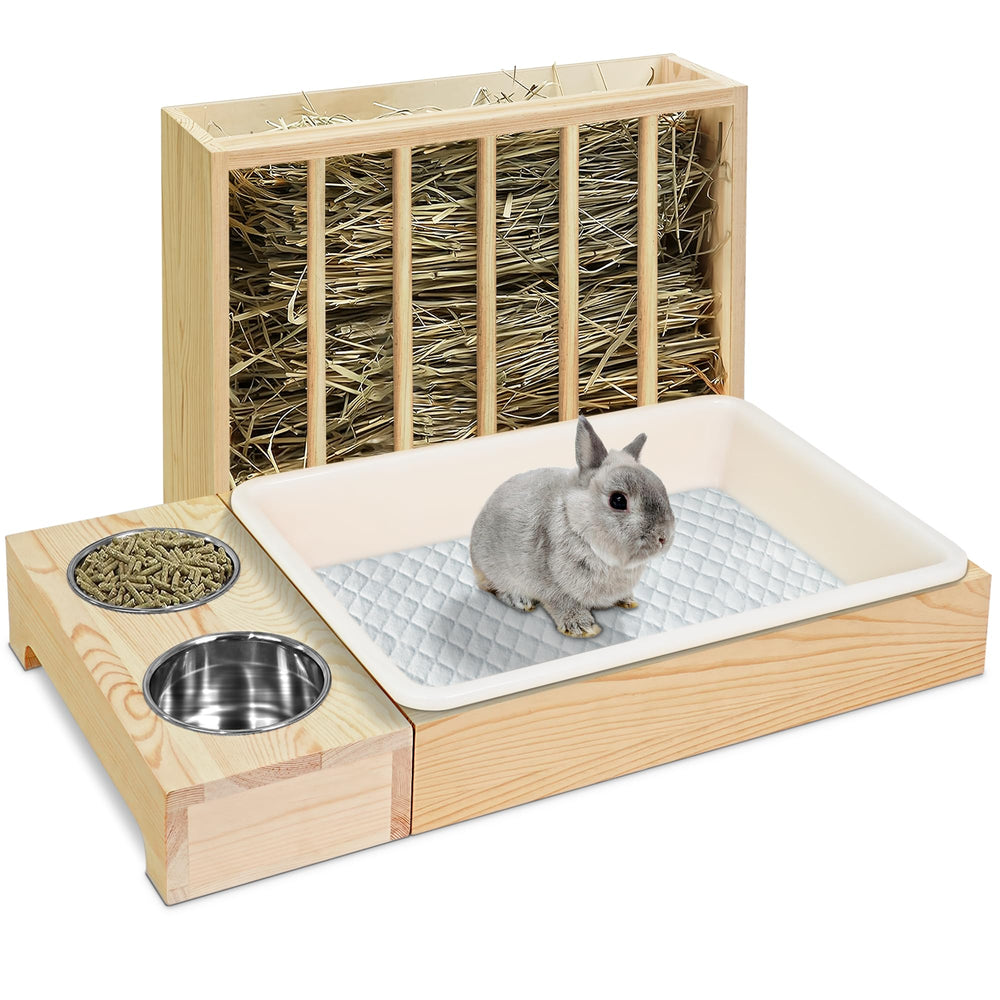 MOBYKE 3-in-1 rabbit feeder with wood, tidy hay and litter setup.