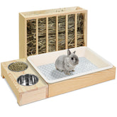 MOBYKE 3-in-1 rabbit feeder with wood, tidy hay and litter setup.