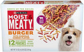 Moist & Meaty burger cheddar kibble in a bowl for adult dogs, enticing crunchy texture.