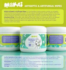 MOKAI antiseptic wipes close-up ingredients highlight chlorhexidine and ketoconazole for irritated skin relief.