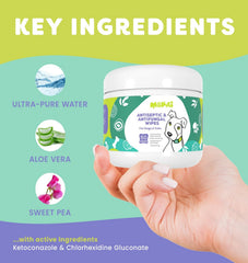 MOKAI antiseptic wipes hotspots demo shows soothing treatment during a pet care routine.