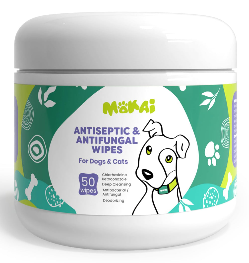 MOKAI antiseptic wipes packaging shows professional-grade care for pets' skin.