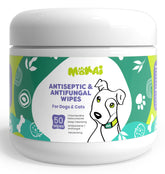 MOKAI antiseptic wipes packaging shows professional-grade care for pets' skin.