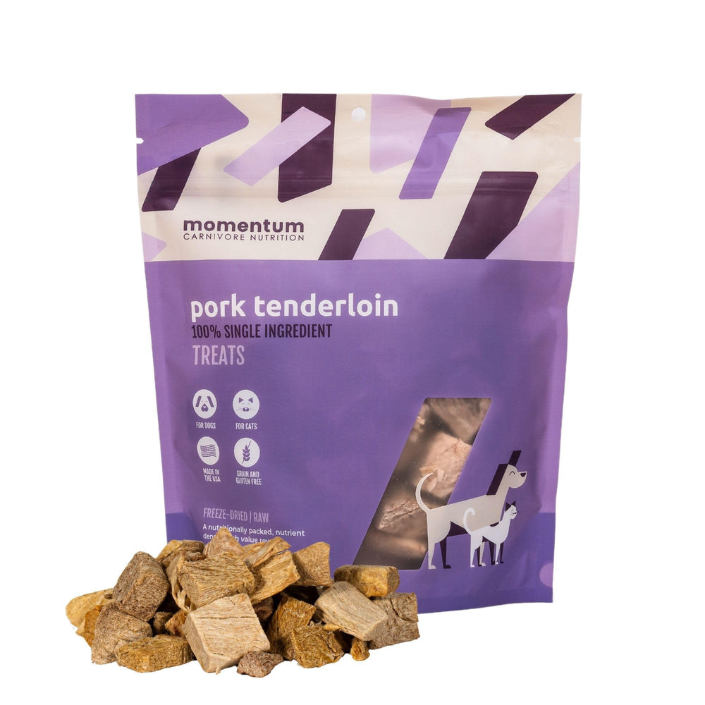 Momentum Carnivore Pork Tenderloin Treats bag-front shows a high-protein single-ingredient snack