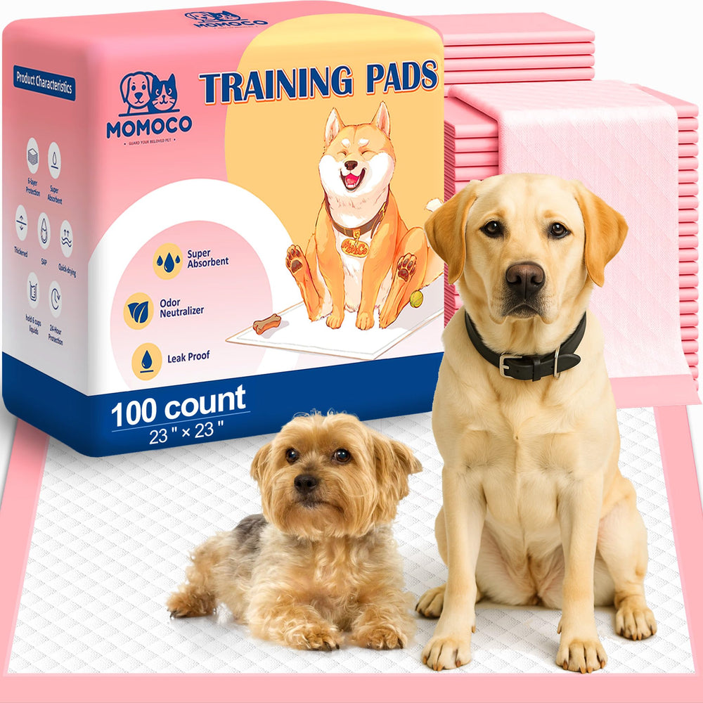 MoMoCo Puppy Pads packaging shows premium pink design for quick setup